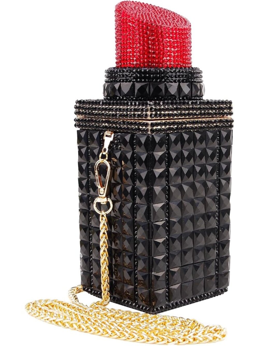 Women's Black Lipstick Shape Crystal Glitter Clutch Sparkly Banquet Handbag
